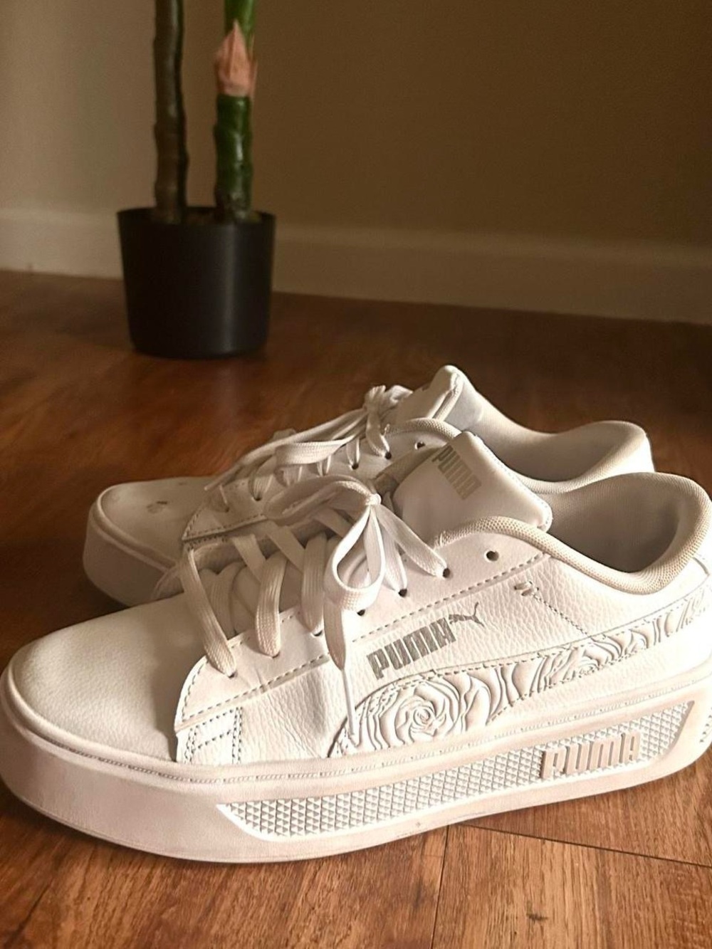 Puma White Women's Platform Sneakers with Floral Emboss